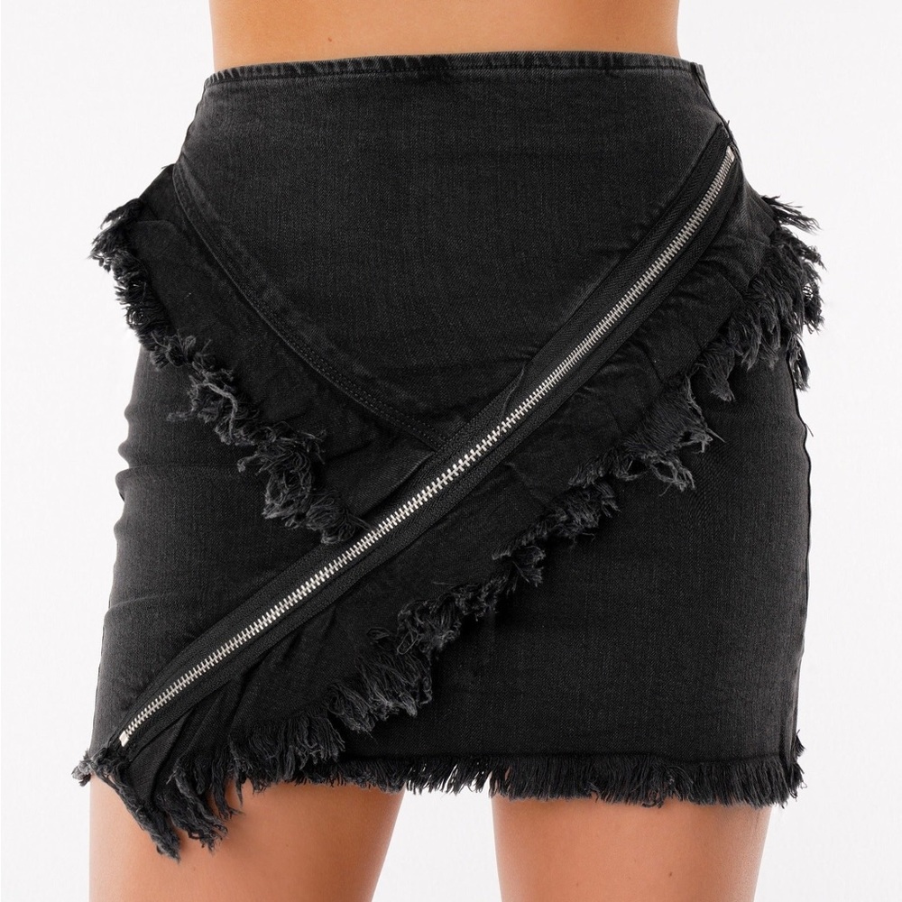 black denim mini skirt with fun ziper detailing and ruffle